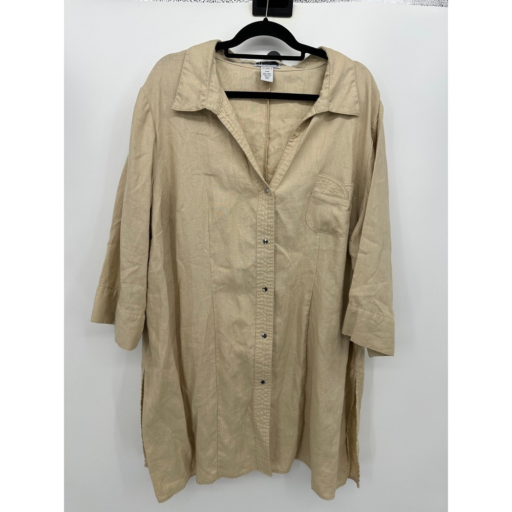 JL Studio Womens Cream Linen Button Front Tunic Shirt Size 26W Lagenlook Coastal